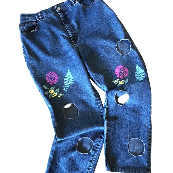 Upcycled Sonoma Jeans w/Cut-Outs, Painted Flower Funky Pants, Size 16 Short - Picture 1 of 15
